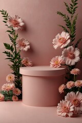 pink flowers podium background for product presentation