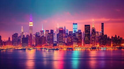 Fototapeta premium A stunning shot of New York City skyline at dusk, with famous landmarks and bright lights illuminating the evening sky.