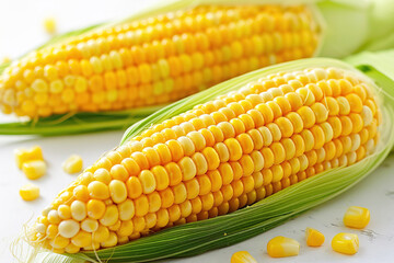 Corn cob raw with grains fresh, white background isolate. Sweet natural type of harvest.