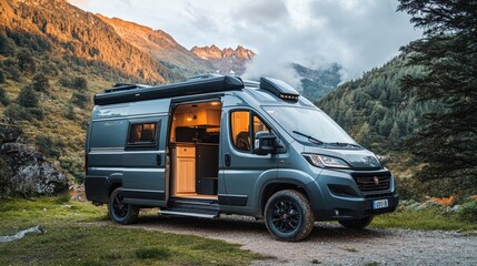 A stylish, well-equipped camper van awaits a family adventure, parked and ready for a road trip through stunning landscapes.