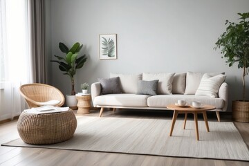 Modern Living Room with White Sofa, Wicker Furniture, and Greenery