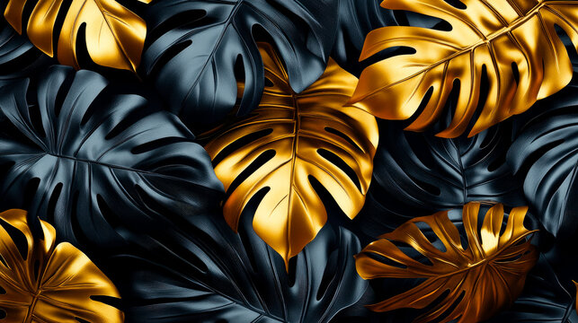 A beautiful background with gold foil tropical leaves. Exotic luxury greeting invitational card.