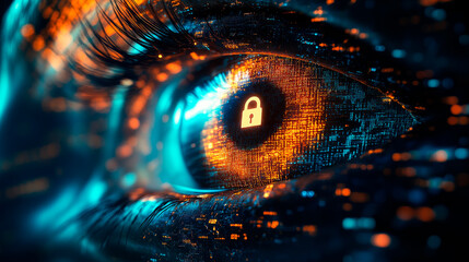 Fototapeta premium An eye with tiny lines of code and data nodes, with a glowing lock at the center of the pupil, symbolizing the importance of security in the digital world.