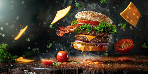 Flying hamburger, cheeseburger, dark background with tomatoes and peppers. Delicious grilled cutlet with cheese and salad.