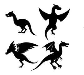 Collection of dinosaur silhouettes, T-Rex Tyrannosaurus vector illustration, and raptor dinosaur icon set.