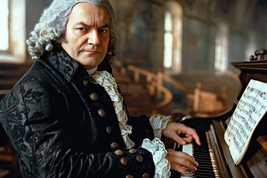 Bach Johann Sebastian, a German musical genius, composer plays the harpsichord in the church in a camisole and wig.