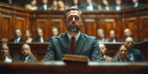 Fototapeta premium Lawyer with prosecutor in trial, courtroom of justice. Legal prosecution and defense session with jury and judges.