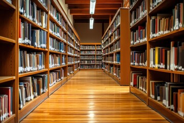 Bookshelves in a Quiet Library With Wooden Floors and Rows of Books Under Soft Lighting