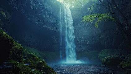 A magical waterfall that cascades into a pool of luminescent water