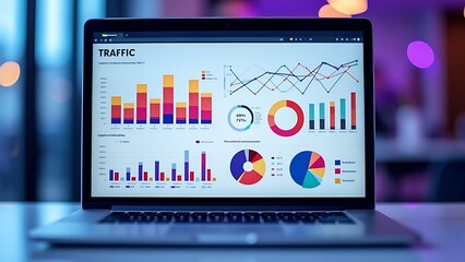 Closeup screen of the laptop or notebook device, displaying the colorful website traffic metrics, graphs and analytics for the ranking of the blog on the internet or web online, visitors statistics