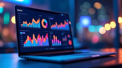 Closeup screen of the laptop or notebook device, displaying the colorful website traffic metrics, graphs and analytics for the ranking of the blog on the internet or web online, visitors statistics