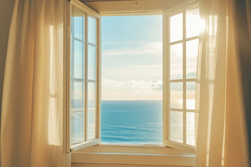 Fototapeta premium Sunlight Streaming Through an Open Window with Curtains