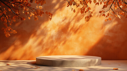 Autumn background, orange color studio room with podium and leaf shadow overlay on wall, empty background texture with cement floor, product display for sale, presentation.