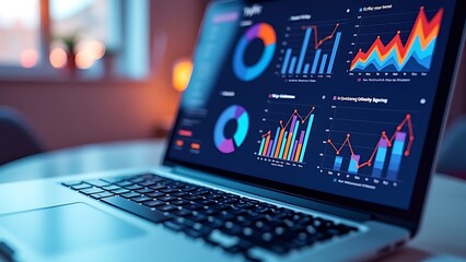 Closeup screen of the laptop or notebook device, displaying the colorful website traffic metrics, graphs and analytics for the ranking of the blog on the internet or web online, visitors statistics
