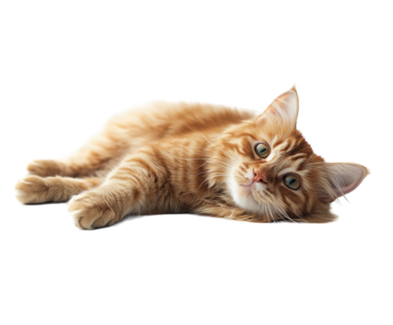 Playful orange tabby cat lying on side isolated on white. PNG transparent.