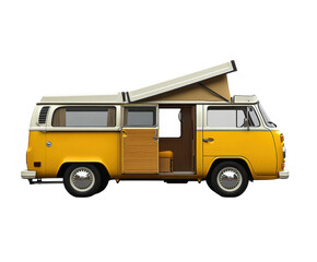 Vintage yellow camper van isolated on white background. PNG transparent.