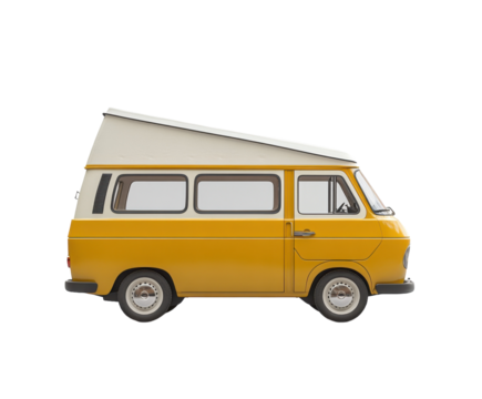 Vintage yellow camper van isolated on white background. PNG transparent.