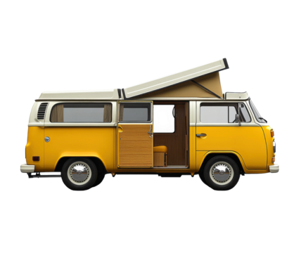 Vintage yellow camper van isolated on white background. PNG transparent.
