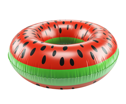 Watermelon-shaped inflatable pool float isolated on white. PNG transparent.