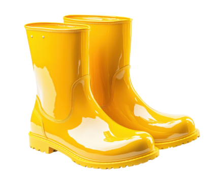 Pair of bright yellow rain boots isolated on white. PNG transparent.