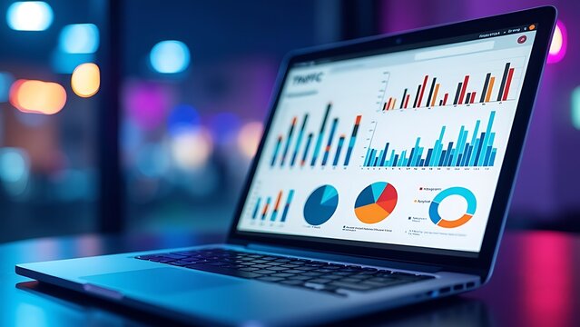 Closeup screen of the laptop or notebook device, displaying the colorful website traffic metrics, graphs and analytics for the ranking of the blog on the internet or web online, visitors statistics