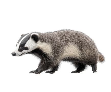 European badger walking isolated on white background. PNG transparent.