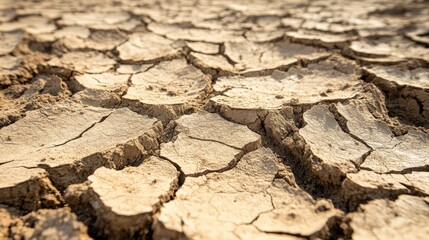 Fototapeta premium Close-up of dry, cracked soil in a deserted land, with no vegetation, emphasizing extreme drought conditions.