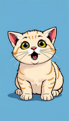 Fototapeta premium orange white digital illustration cat on blue background with opened mouth surprised look