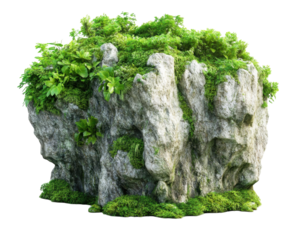 Lush green rocky island isolated on white. PNG transparent.