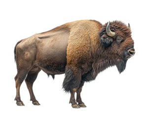 Large bison standing isolated on white background. PNG transparent.