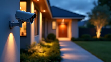 Close-up view of a modern home security camera monitoring vigilantly, showing details of advanced technology and vigilance around the area