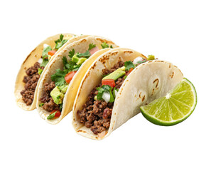 Three beef tacos isolated on white background. PNG transparent.