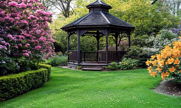 azalea and flower enclosed lush green park gazebo