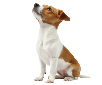 Small dog sitting and looking up isolated on white. PNG transparent.