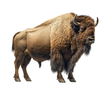 Large bison standing isolated on white background. PNG transparent.