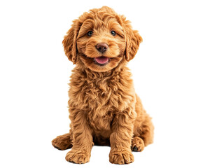 Labradoodle puppy sitting isolated on white background. PNG transparent.