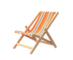 Wooden beach chair with striped fabric isolated on white background. PNG transparent.