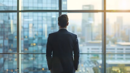 A businessman standing in a modern office with a panoramic window and city view