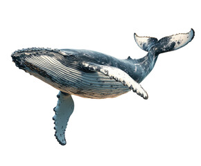 Humpback whale mid-swim isolated on white background. PNG transparent.