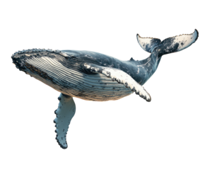 Humpback whale mid-swim isolated on white background. PNG transparent.