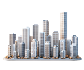 Modern skyscrapers skyline isolated on white background. PNG transparent.