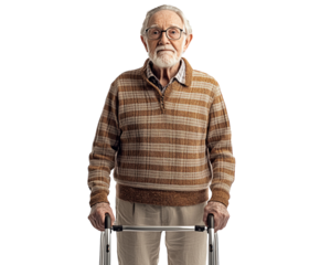 Elderly man with walker isolated on white background. PNG transparent.