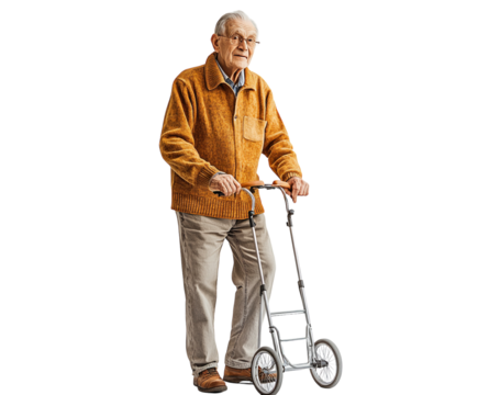 Elderly man with walker isolated on white background. PNG transparent.