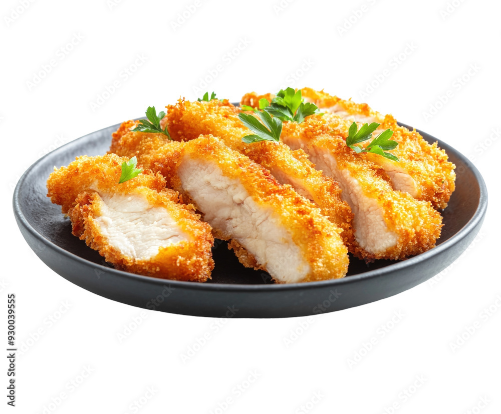 Wall mural Sliced Chicken Cordon Bleu on white plate isolated on white background. PNG transparent.