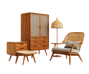 Mid-century modern wooden furniture set isolated on white background. PNG transparent.