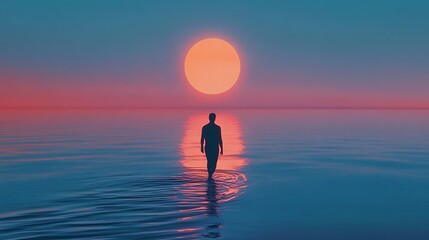 A lone figure walks across the surface of a calm ocean towards a glowing orange sun in a vibrant pink and blue sky.