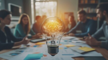 Creative Collaboration at the Work Desk with Brain Bulbs on, Representing Innovative Ideas and Dynamic Team Synergy