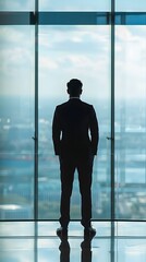 Fototapeta premium A businessman standing in a modern office with a panoramic window and city view