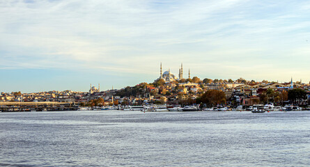 View of ships in the goldenhorn, historical old city istanbul constantinople