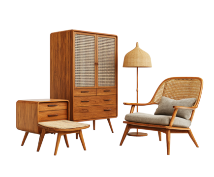 Mid-century modern wooden furniture set isolated on white background. PNG transparent.
